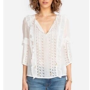 Johnny Was JADE Sarai Ruffle Eyelet Long Sleeve Blouse White Gold tassels